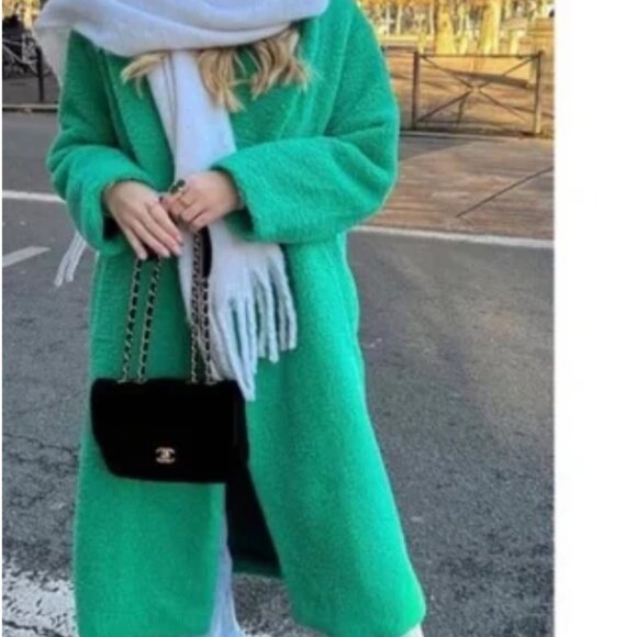 ZARA Green Teddy Shearling Double-Breasted Coat Pockets - Size Small - Picture 3 of 10